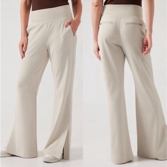Athleta Pants - ATHLETA Venice Flare Pant Abalone Grey Large Tall Pockets Leggings Yoga Cream